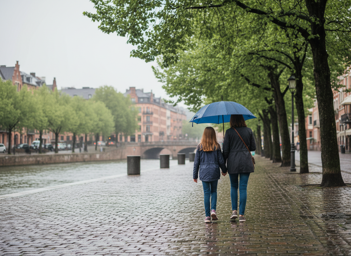 Madre e hija contemplan juntas la ciudad junto al río desde un paseo urbano europeo al amanecer, reflejando una familia estadounidense residente fuera del país.