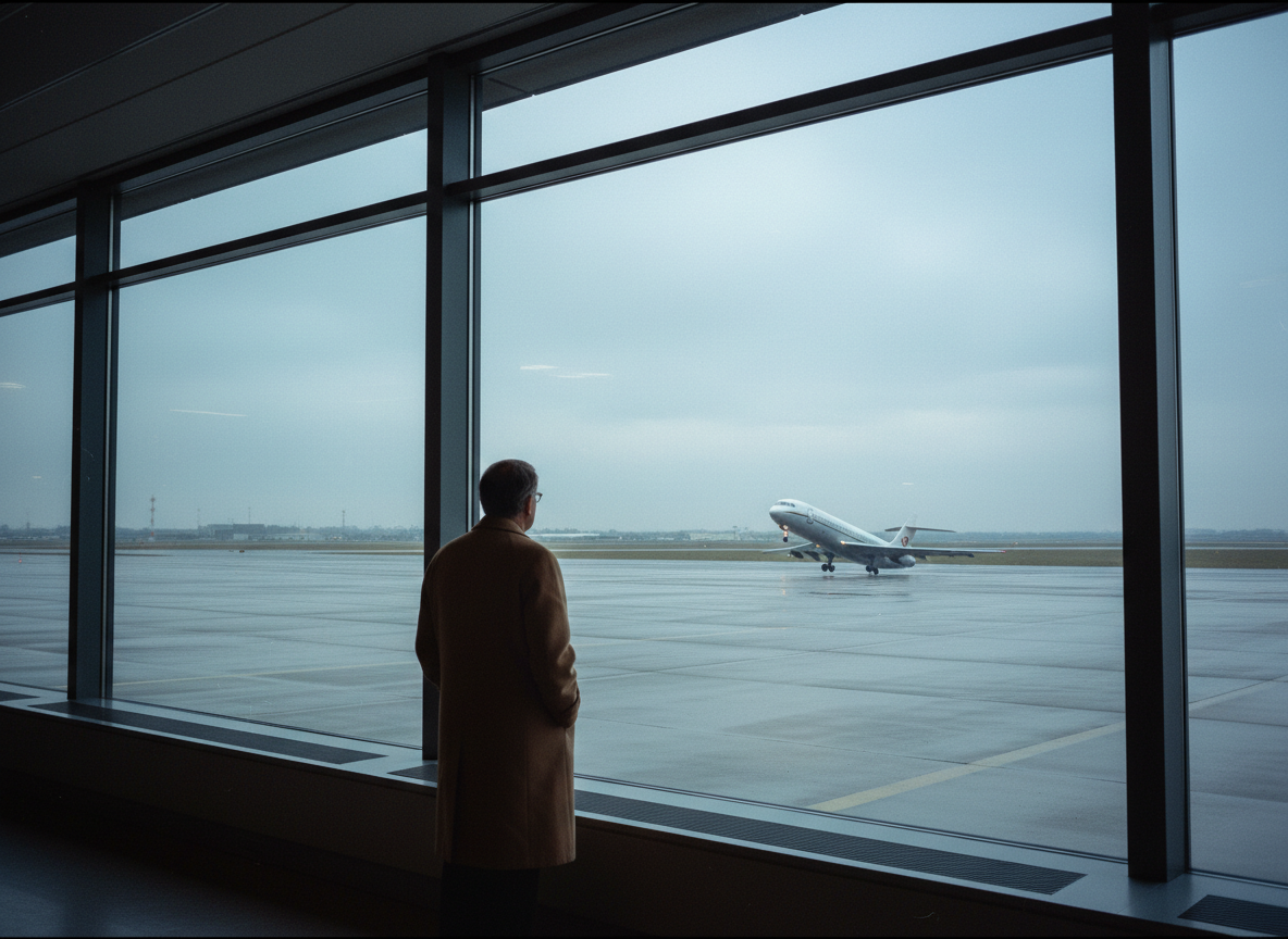 Recreación cinematográfica de un viajero en los años setenta mirando desde una terminal aeroportuaria un avión listo para despegar.
