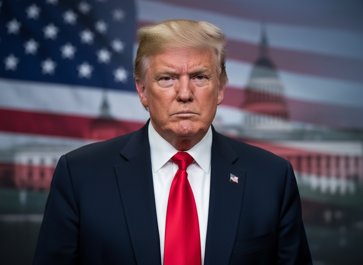 Donald Trump con gesto serio frente a un fondo institucional de Estados Unidos.