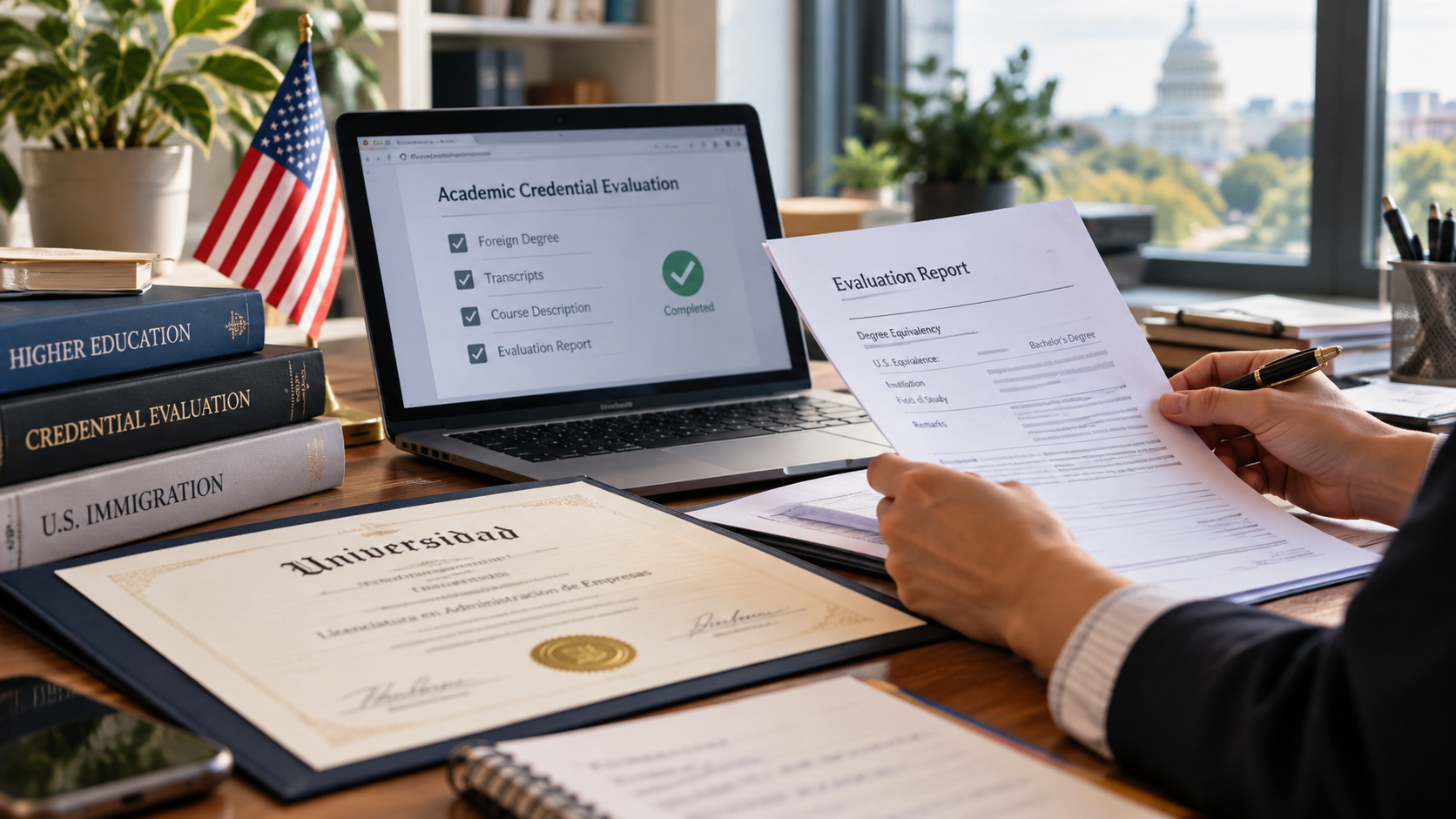Diploma, informe de evaluación académica y laptop sobre un escritorio.
