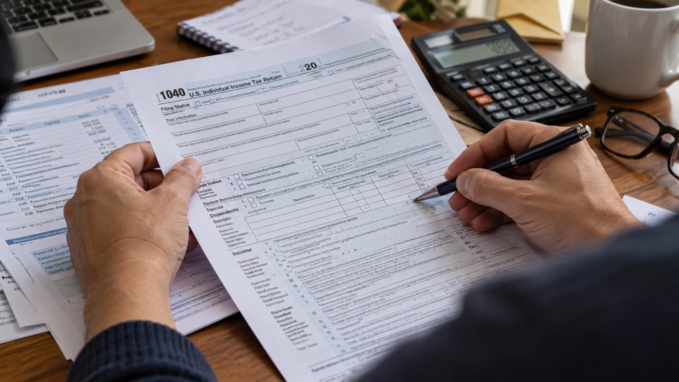 Persona revisando un formulario tributario 1040 con calculadora y documentos sobre un escritorio