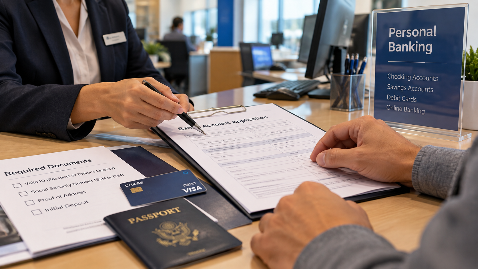 Documentos, tarjeta y pasaporte sobre un escritorio durante la apertura de una cuenta bancaria.